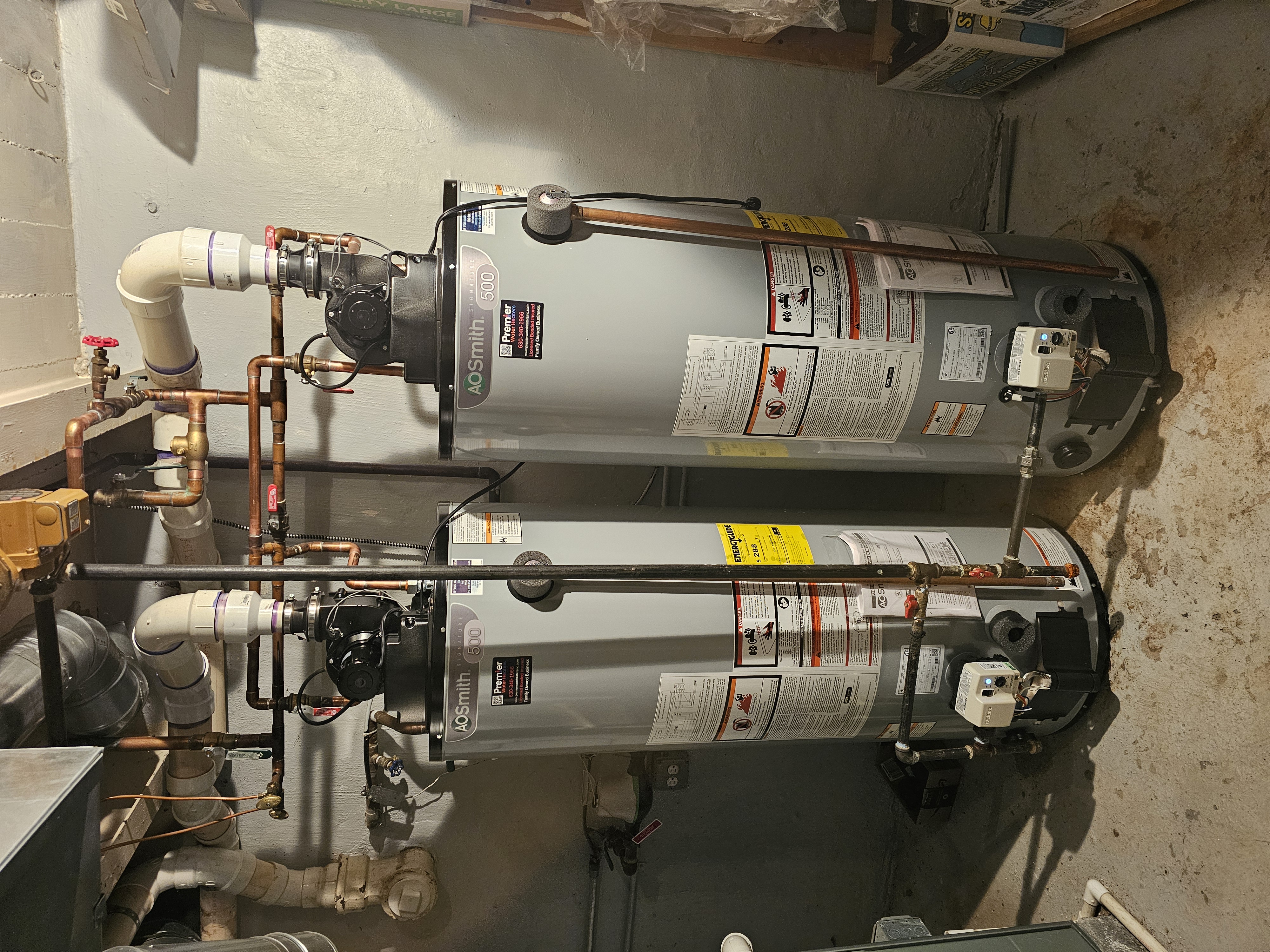 Dual AO Smith Signature 500 power vent water heater installation Barrington IL Premier Water Heaters